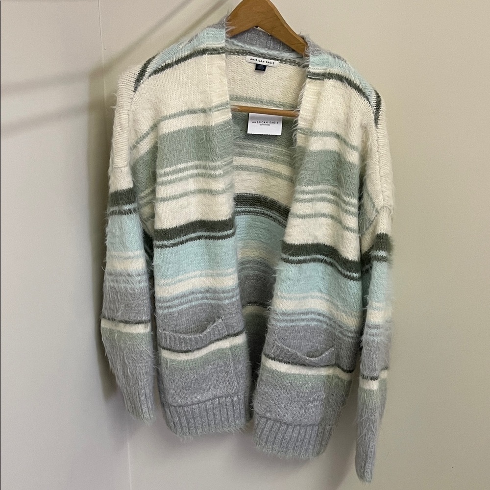 American Eagle Striped Open-Front Cardigan in Mint, Cream & Gray